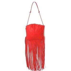 Vibrant Red Shoulder Bag with Slouchy Shape and Long Fringe